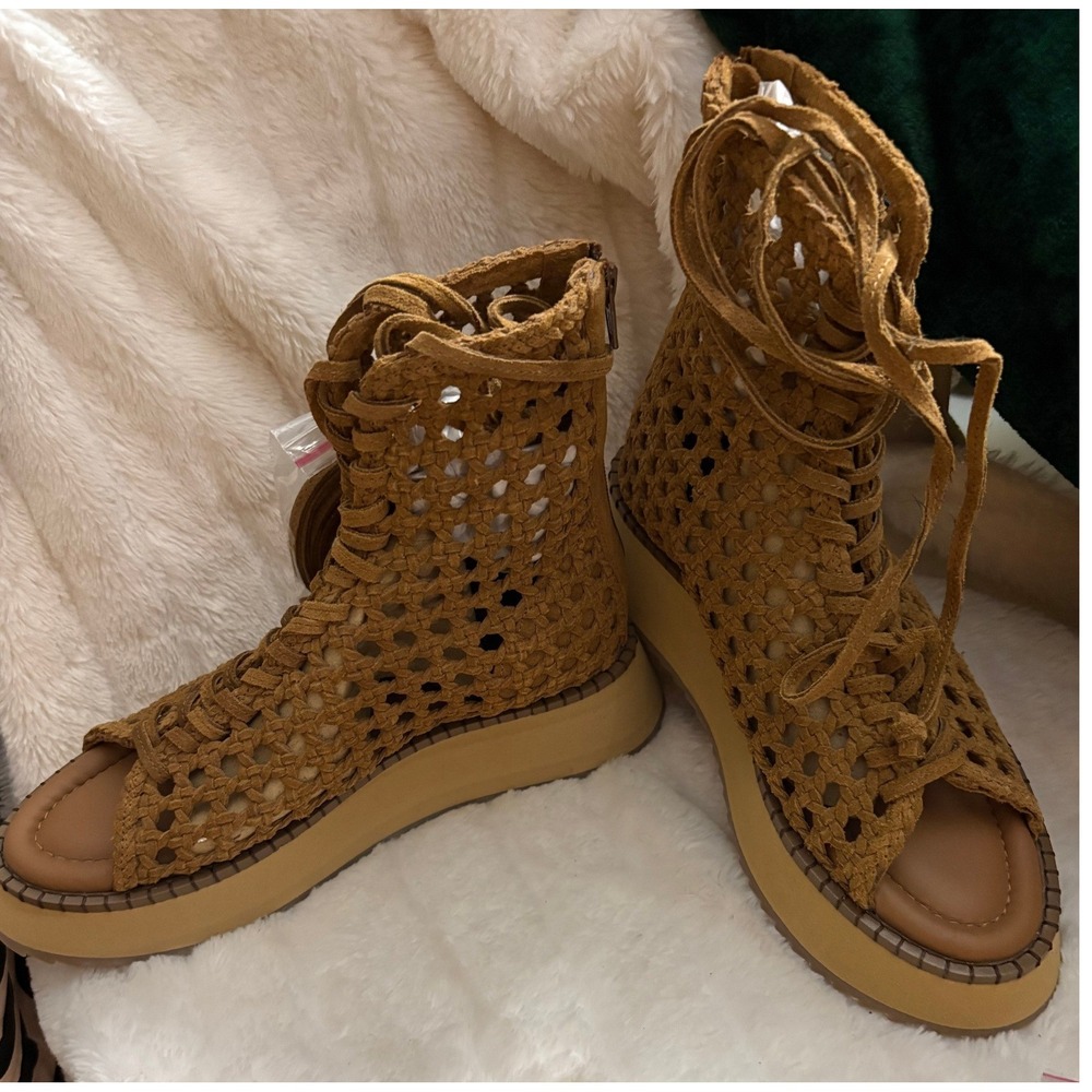 Free People Women Woven Lace Up Gladiator Platform Sandals Tan Leather Bootie 8 - Picture 8 of 11
